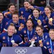 USA women Olympic hockey overtime celebration 2026
