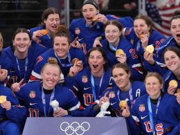 USA women Olympic hockey overtime celebration 2026