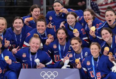USA women Olympic hockey overtime celebration 2026