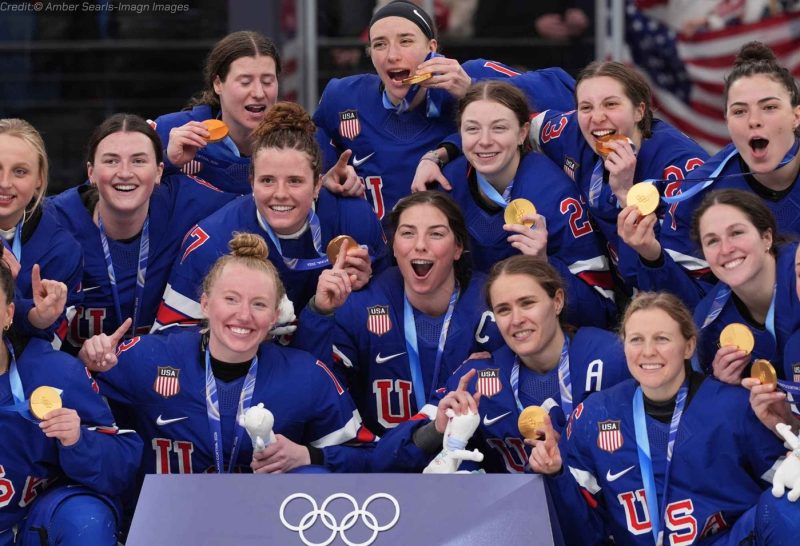 USA women Olympic hockey overtime celebration 2026
