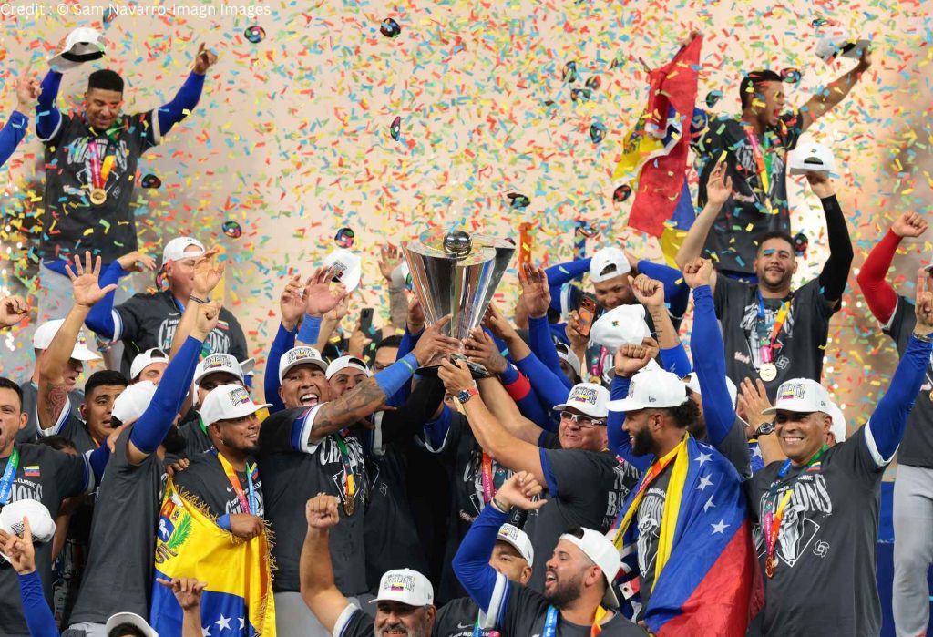 Mar 17, 2026; Miami, FL, United States; Venezuela reacts on the stage after defeating the United States during the 2026 World Baseball Classic Championship game at loanDepot Park. Mandatory