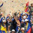 Mar 17, 2026; Miami, FL, United States; Venezuela reacts on the stage after defeating the United States during the 2026 World Baseball Classic Championship game at loanDepot Park. Mandatory