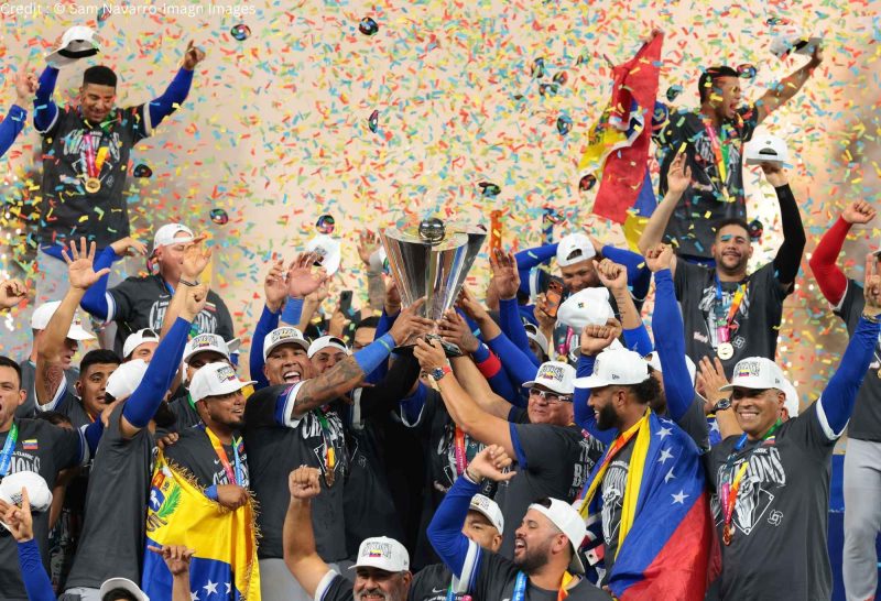 Mar 17, 2026; Miami, FL, United States; Venezuela reacts on the stage after defeating the United States during the 2026 World Baseball Classic Championship game at loanDepot Park. Mandatory
